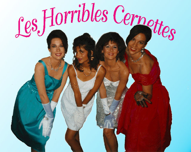 Four women dressed in 1980's formalwear